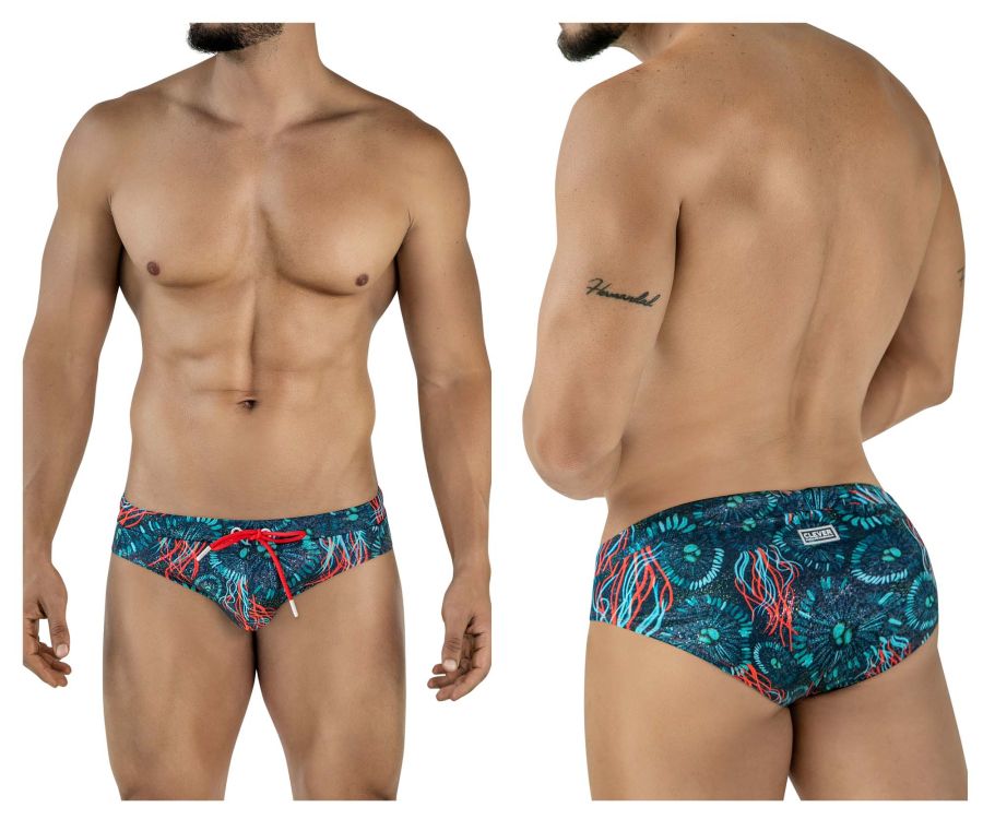 Clever 2066 malpelo swim briefs in dark blue featuring vibrant blue and red jellyfish pattern on stretch fabric with drawstring waistband
