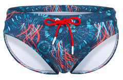 Clever 2066 malpelo swim briefs in dark blue with blue and red jellyfish pattern and bright red drawstring front view