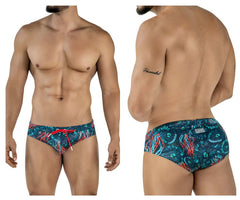 Clever 2066 malpelo swim briefs in dark blue featuring vibrant blue and red jellyfish pattern on stretch fabric with drawstring waistband