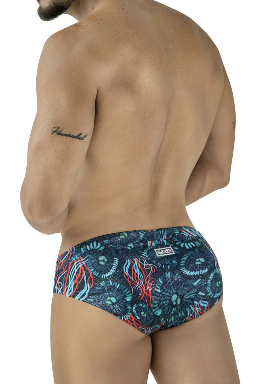 Dark blue clever 2066 malpelo swim briefs with red and teal jellyfish pattern and oliver brand waistband visible