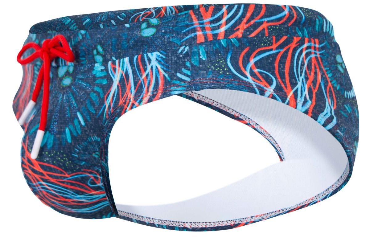 Blue and red abstract patterned clever 2066 malpelo swim briefs with white lining in dark blue color