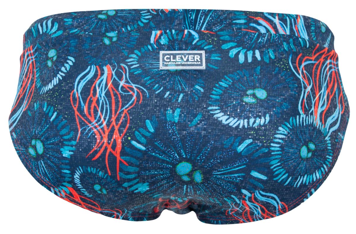Clever 2066 Malpelo swim briefs in dark blue with blue and red jellyfish pattern for stylish swimwear use
