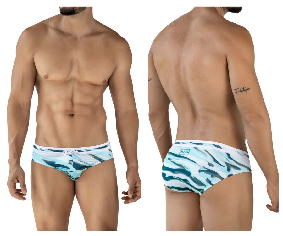 Men’s clever 2067 baru swim briefs in blue with bold teal and white abstract wave pattern and branded waistband logo