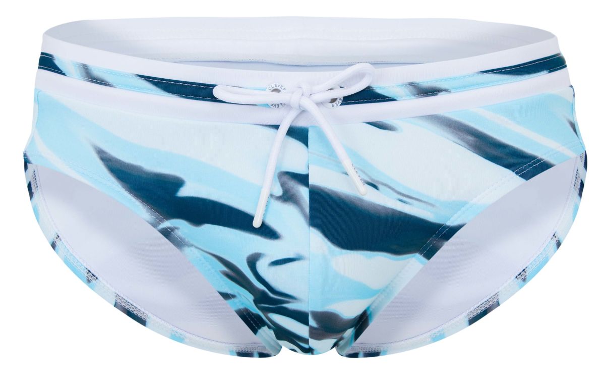 Clever 2067 baru swim briefs in blue with blue and white camouflage pattern and white drawstring waistband