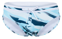 Clever 2067 baru swim briefs in blue with blue and white camouflage pattern and white drawstring waistband