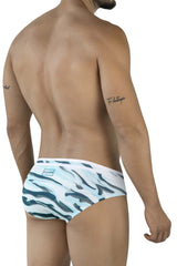 White and teal zebra-striped clever 2067 baru swim briefs with clever brand label on waistband in blue color