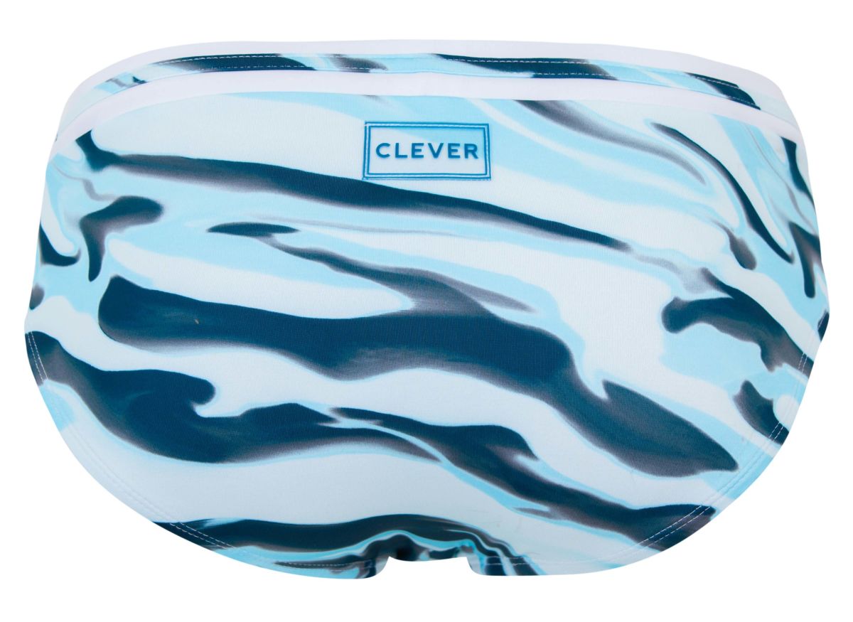 Clever 2067 Baru swim briefs feature bold blue and white zebra-striped pattern with subtle gradient effect