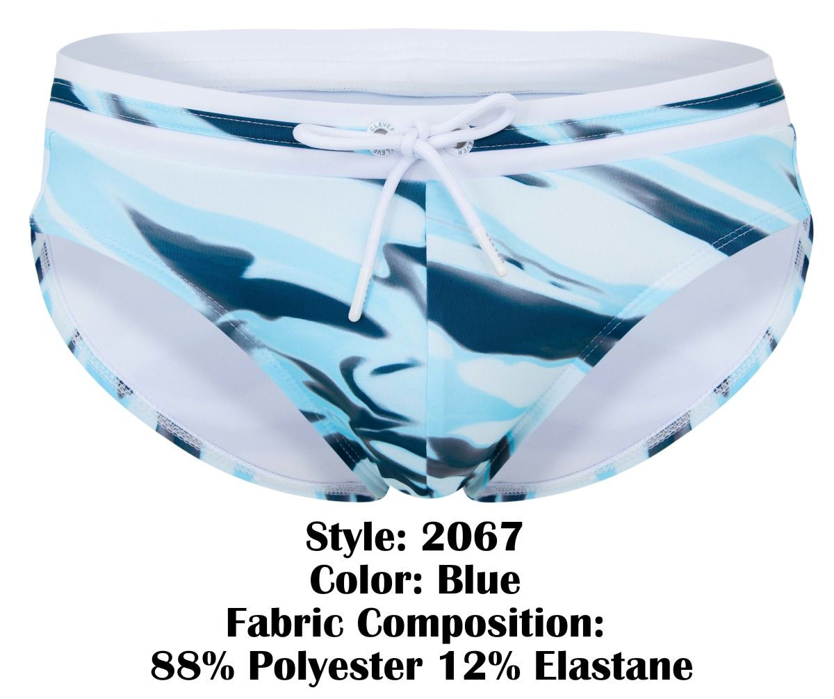Blue patterned clever 2067 baru swim briefs with white drawstring waistband and side panels for swimming