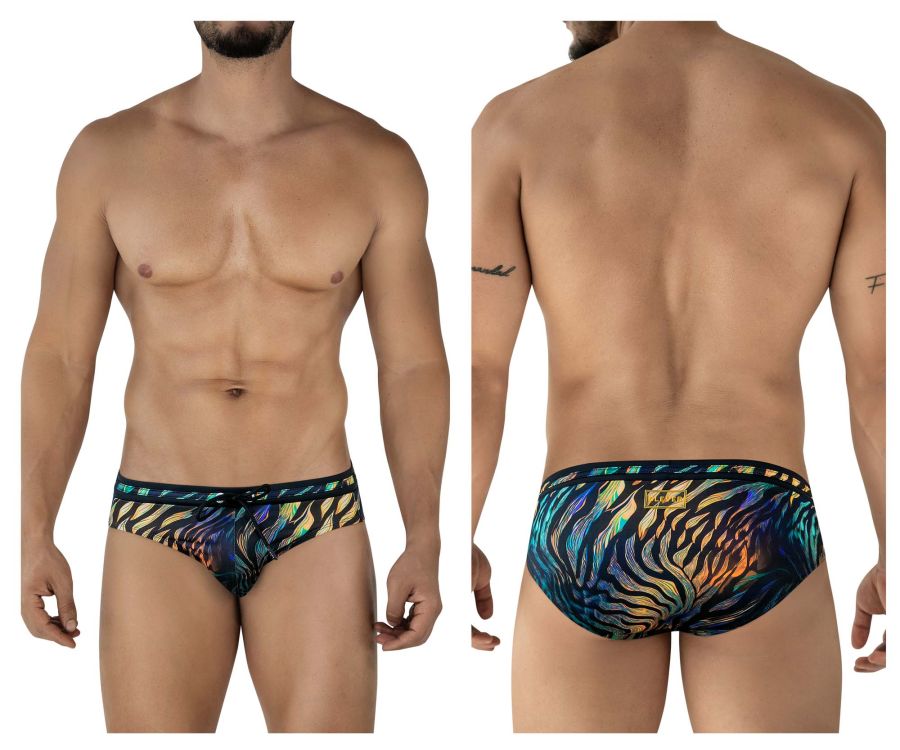 Clever 2068 Tumaco swim briefs in black with vibrant iridescent zebra stripes and a black elastic waistband