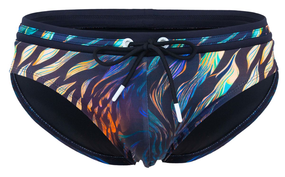 Black clever 2068 tumaco swim briefs with vibrant blue green orange purple flame pattern and white drawstrings