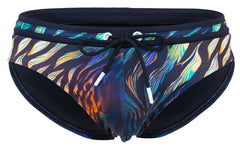 Black clever 2068 tumaco swim briefs with vibrant blue green orange purple flame pattern and white drawstrings