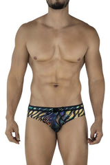 Clever 2068 Tumaco swim briefs in black with vibrant iridescent zebra stripes and a bold black waistband