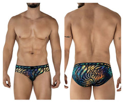 Clever 2068 Tumaco swim briefs in black with vibrant iridescent zebra stripes and a black elastic waistband