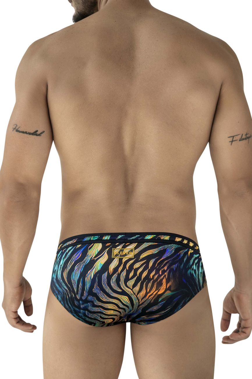 Clever 2068 tumaco swim briefs in black with iridescent tiger-striped holographic finish and black elastic waistband