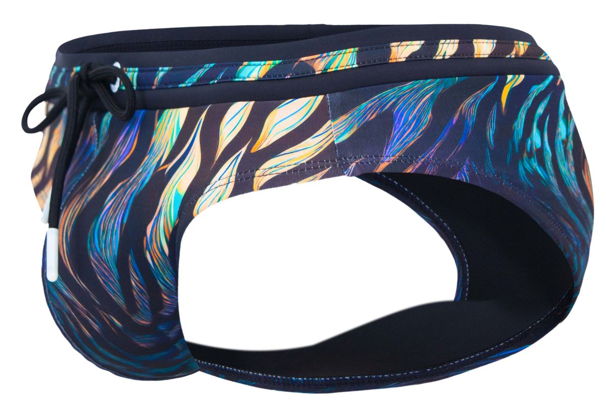 Clever 2068 tumaco swim briefs in black feature vibrant iridescent feather-patterned navy blue fabric with a black drawstring waistband