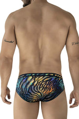Clever 2068 tumaco swim briefs in black with iridescent tiger-striped holographic finish and black elastic waistband