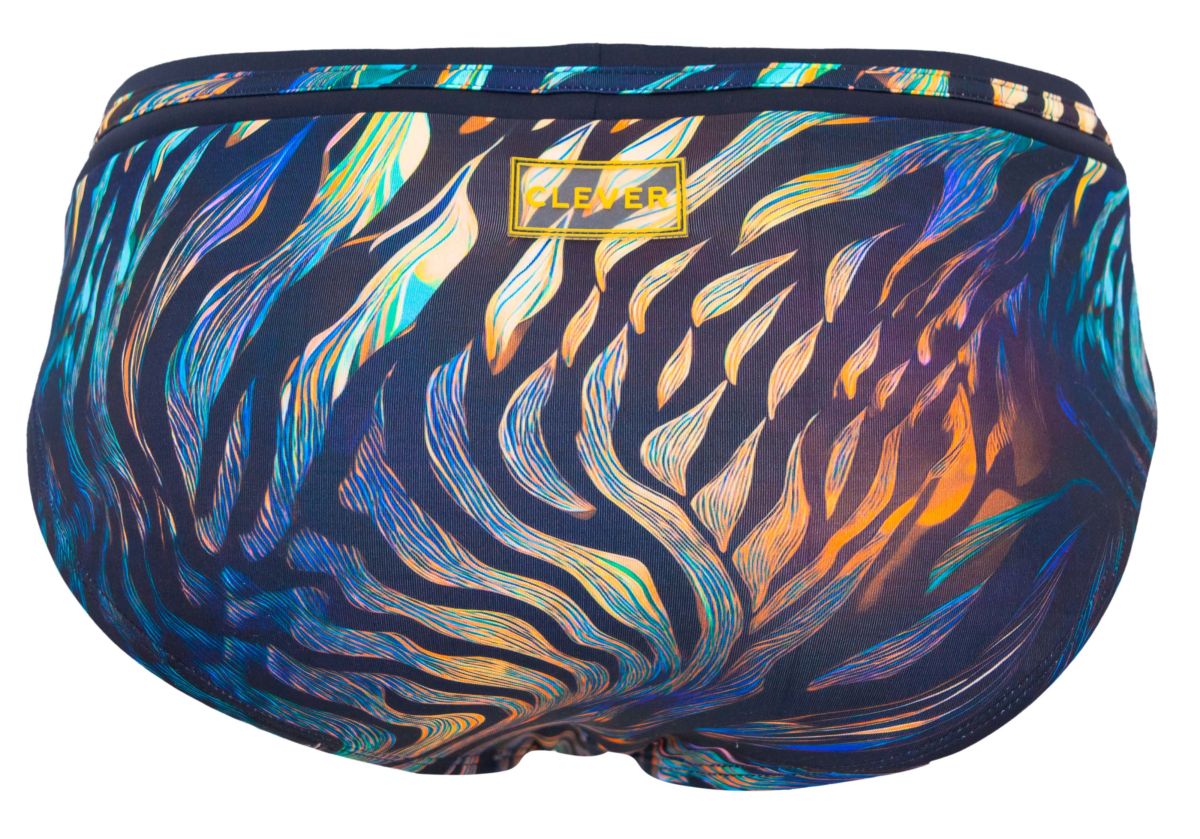 Clever 2068 tumaco swim briefs in black feature vibrant abstract wave patterns in blue teal orange and gold on navy