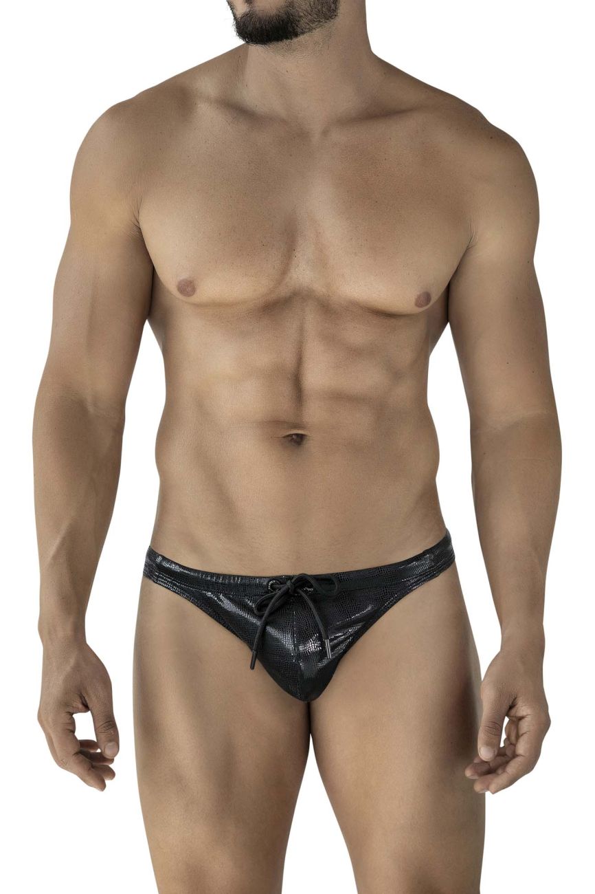 Black shiny textured clever 2071 gorgona swim thongs with drawstring waistband for swimming and beachwear