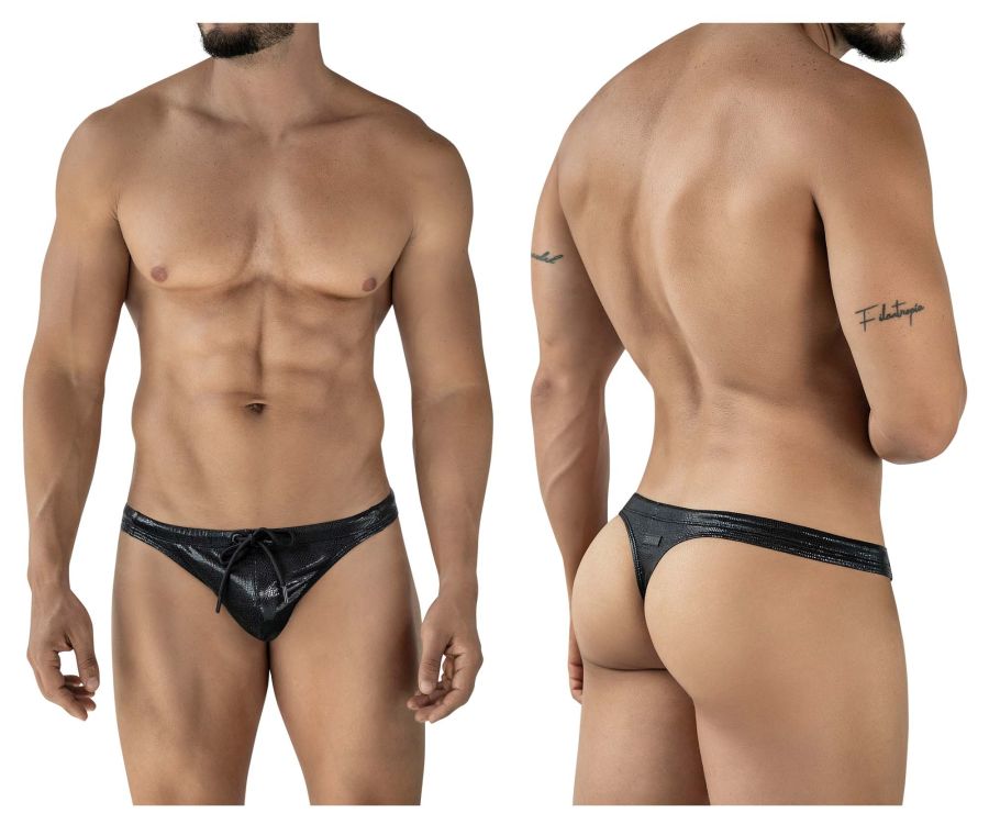 Black shiny latex thong with a drawstring waistband from clever 2071 gorgona swim thongs shown from the back side