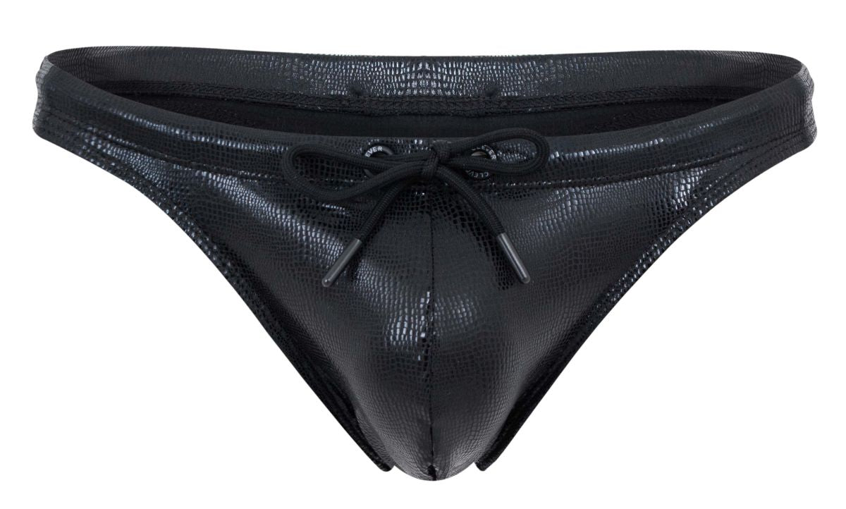 Black clever 2071 gorgona swim thong in faux leather with textured crocodile pattern and matching drawstring tie