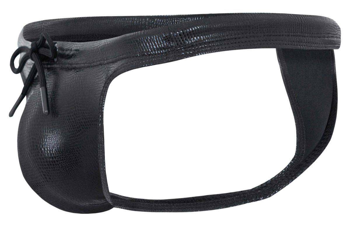 Black clever 2071 gorgona swim thong with textured reptile-skin faux leather and tied bow at the front