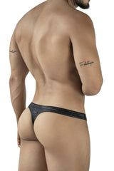 Black clever 2071 gorgona swim thong with textured sleek shiny finish shown from the back side