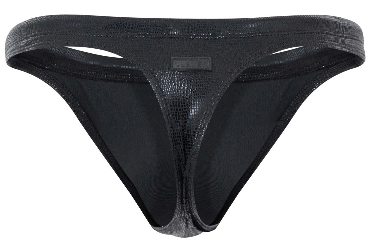 Black crocodile-textured clever 2071 gorgona swim thong with sleek form-fitting design and subtle sheen visible from the back