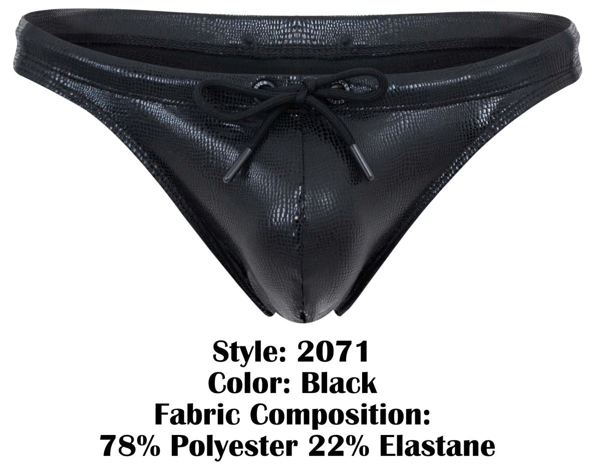 Black shiny faux leather swim thong with textured crocodile pattern and black drawstring bow front by clever 2071 gorgona