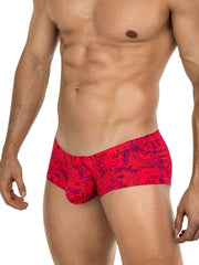 Vibrant red clever 26026 helion trunks with swirling purple and black abstract pattern for bold modern style