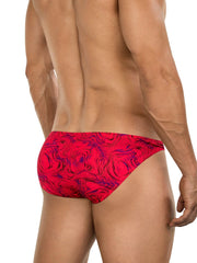 Vibrant red and purple swirling patterned clever 26028 helion bikini swim trunks with bold modern style