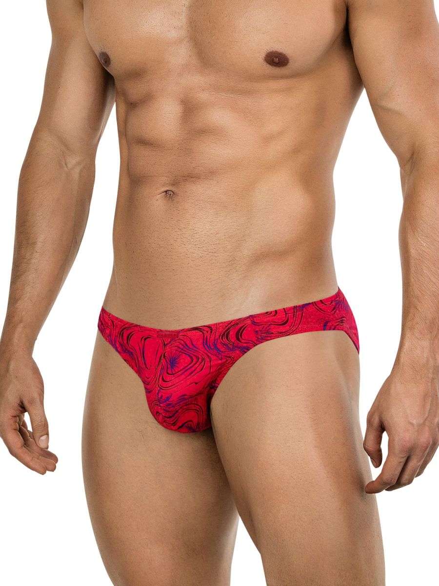 Clever 26028 helion bikini briefs in vibrant red and purple swirling patterns with bold modern style