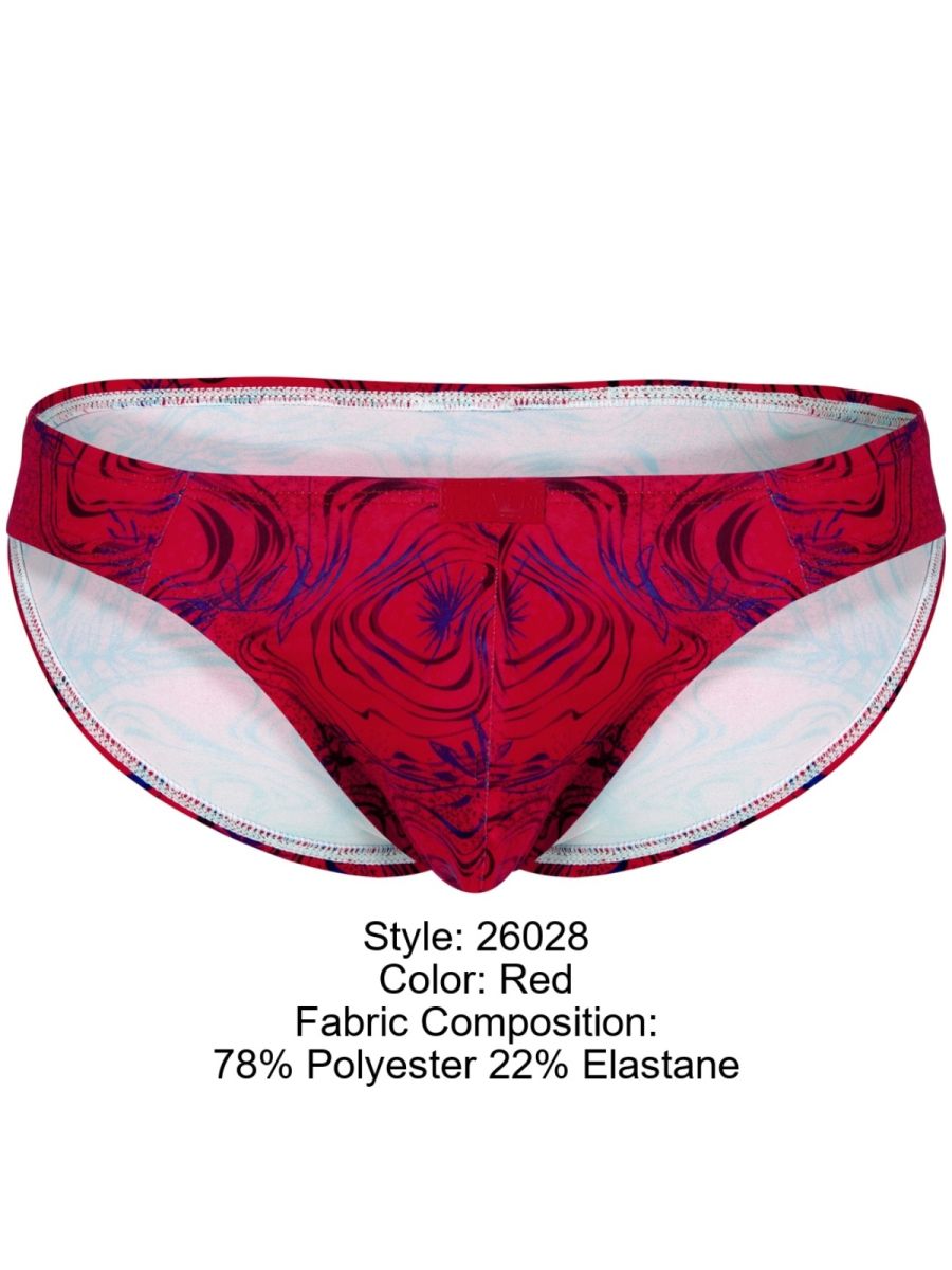 Red swim trunks from Clever 26028 Helion Bikini featuring a bold swirling maroon and dark purple abstract pattern