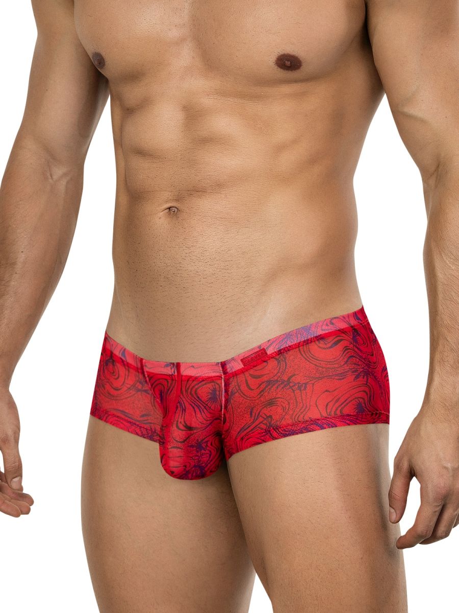 Red and purple patterned men’s briefs with sheer flowing design clever 26032 calipso trunks bold sophistication