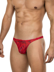 Red lace Clever 26036 Calipso thong in red with intricate black and blue swirling patterns for sleek and sophisticated support