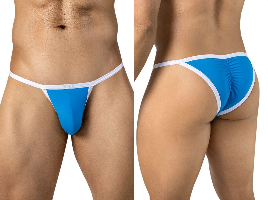 Front and back view of turquoise men's briefs with thin white trim and a ruched rear seam.
