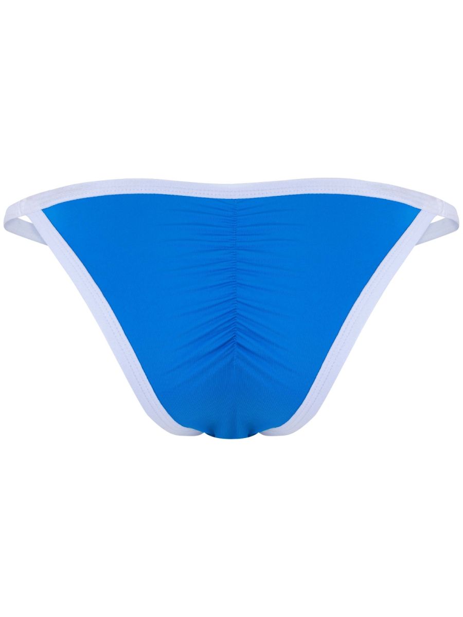 Turquoise men's briefs with white trim and a center-back ruching seam.