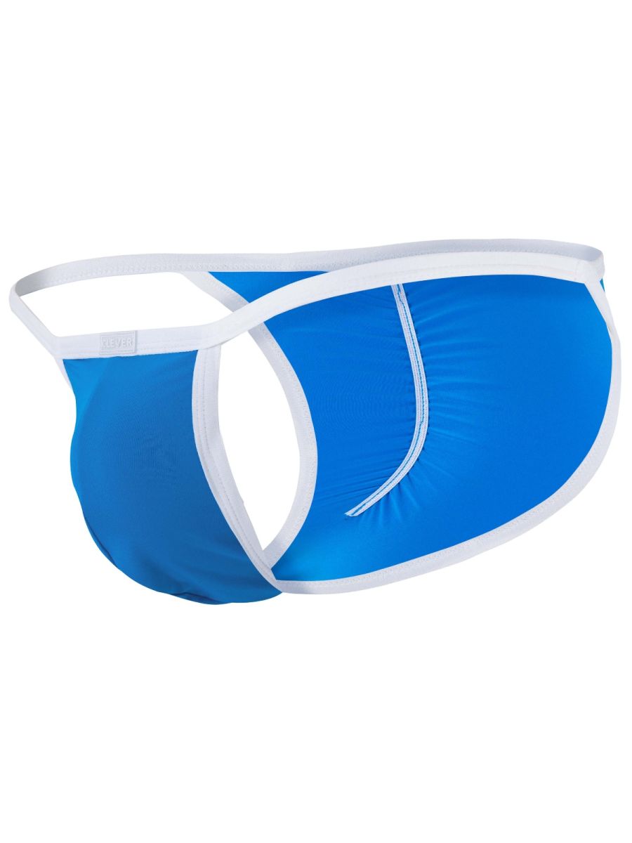 Turquoise and white minimalist briefs with a side cutout and thin straps.