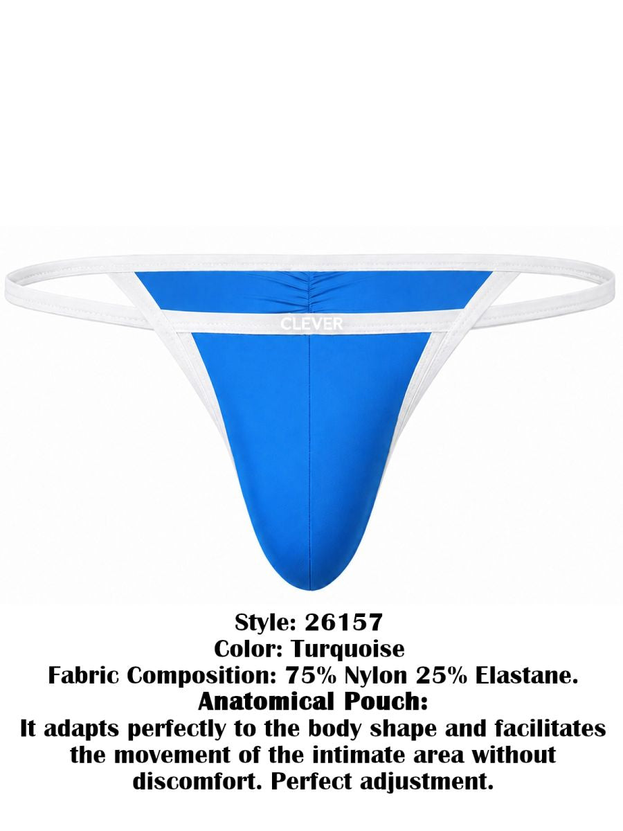 Turquoise men's thong underwear with white trim and waistband featuring the Clever brand name.