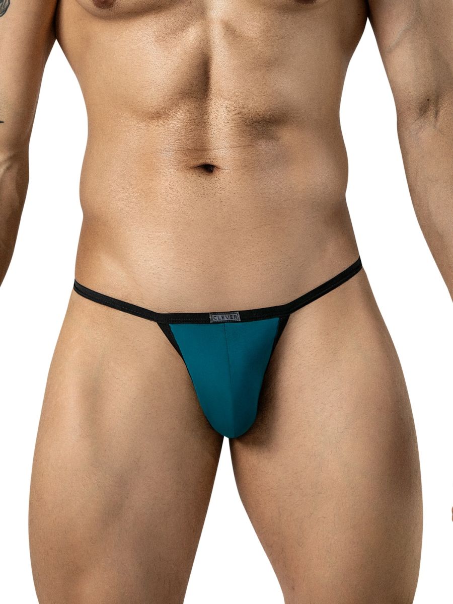 Clever Moda Boreas petrol blue briefs with black trim and thin waistband on a standing male model.