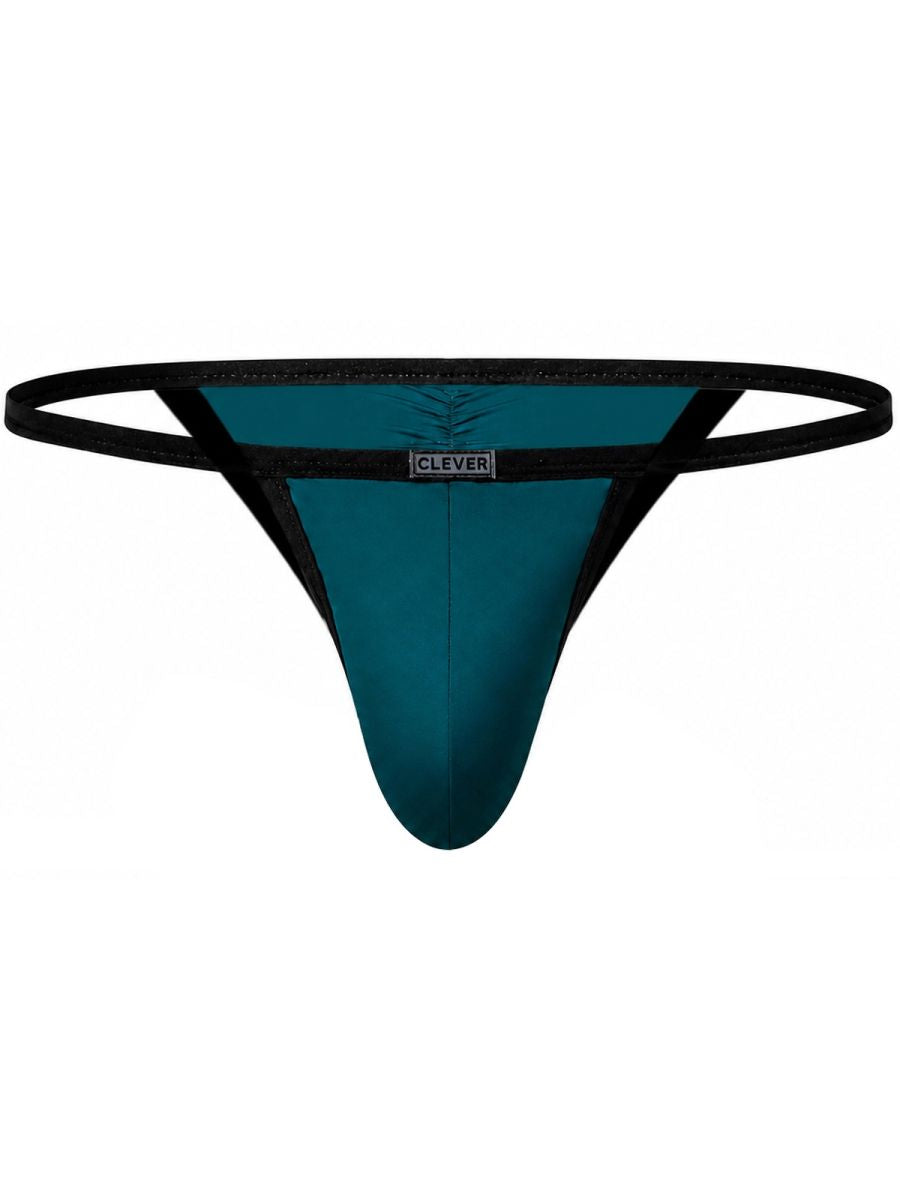 Clever Moda petrol blue Boreas thong with thin black waistband and a branded logo tag centered on the front.
