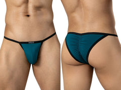 Front and back views of petrol blue men's briefs with thin black trim and center-back ruching.