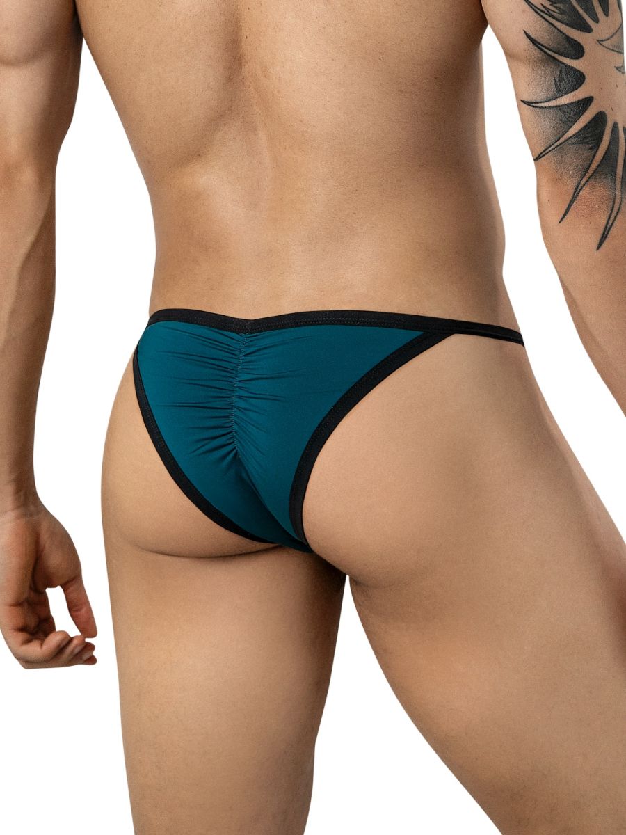 Clever Moda Boreas petrol blue briefs with black trim and a center-back ruching seam, shown from the rear.