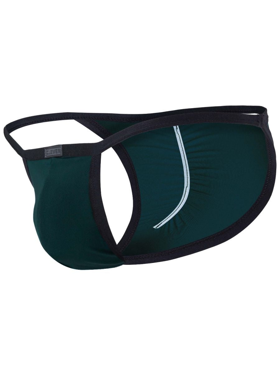 Clever Moda petrol blue men's thong underwear with black trim, side cutouts, and a gathered back seam.