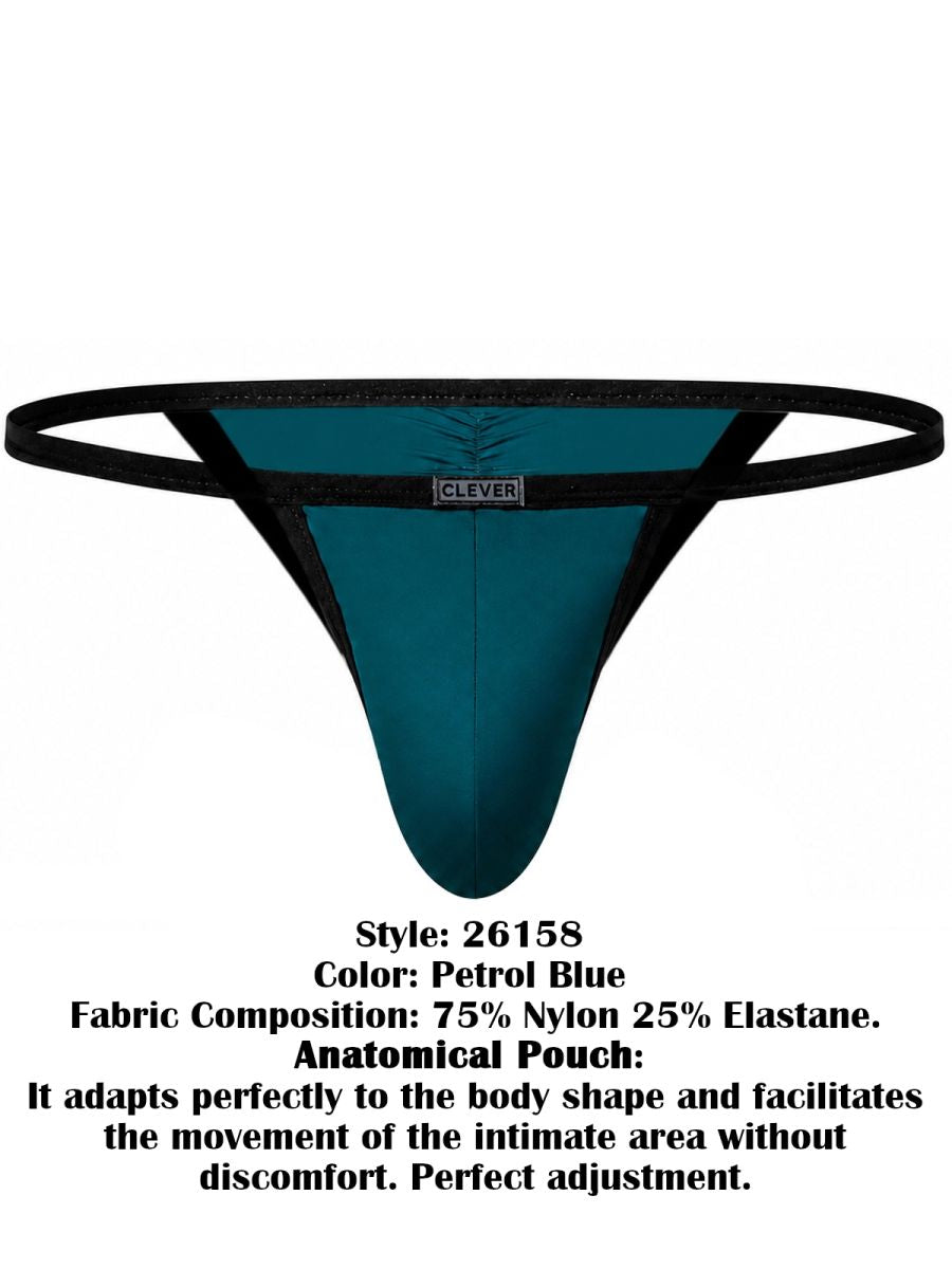 Clever Moda Boreas petrol blue men's thong with black trim and a center front logo patch.