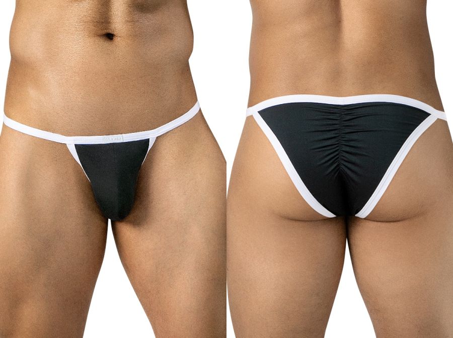 Front and back view of a man wearing black minimal briefs with contrasting white trim and a center back ruching seam.