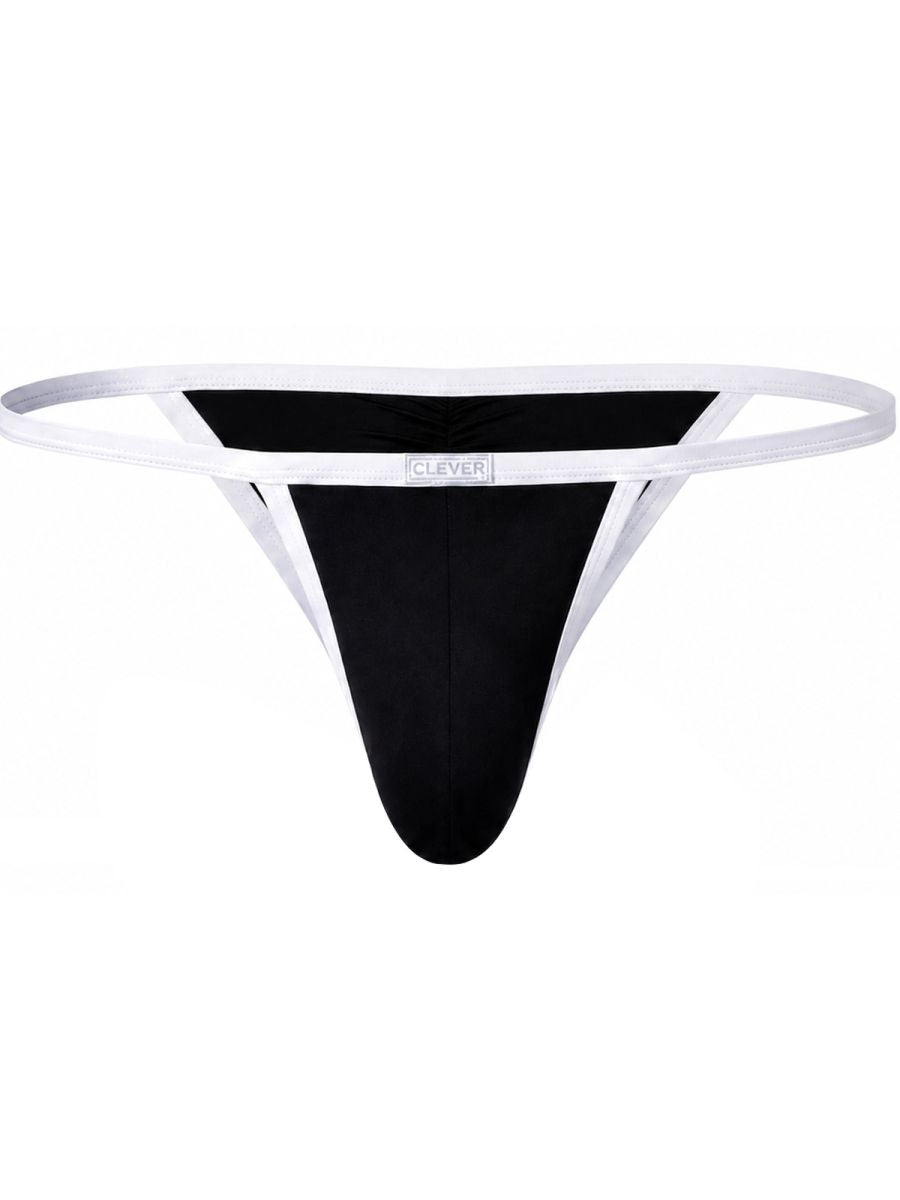 Clever Moda black men's brief with contrasting white trim, thin side straps, and branded waistband.