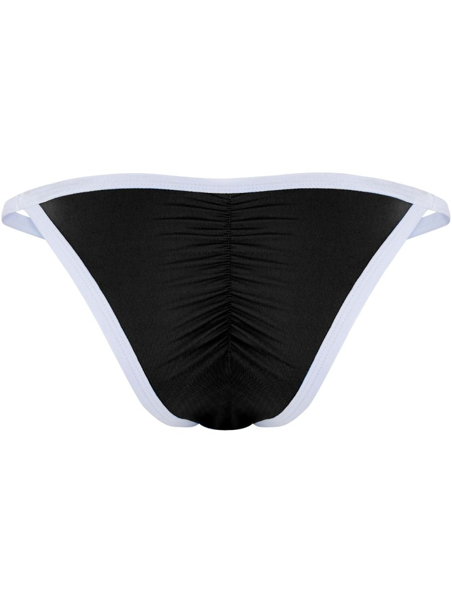 Clever Moda black briefs with white trim and a gathered center seam seen from the back.