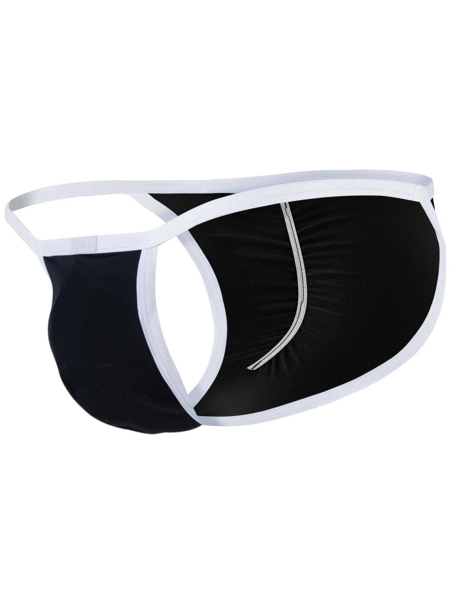 Clever Moda black Boreas briefs featuring contrasting white trim, thin side straps, and an open hip design.