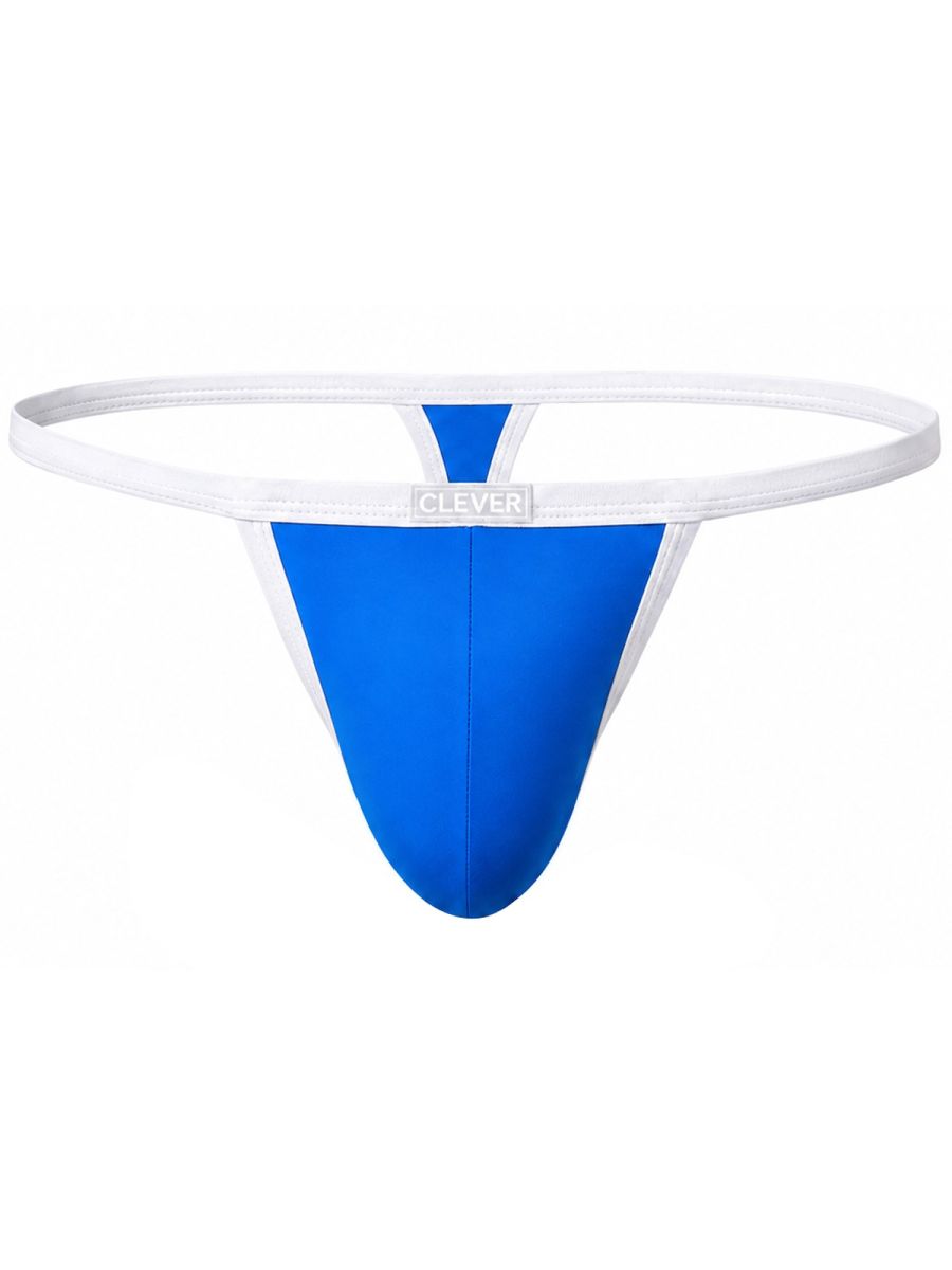 Clever Moda turquoise minimalist thong with white trim and a branded logo patch on the waistband.