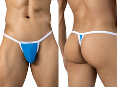 Front and back views of a turquoise minimalist thong with white trim on a male model.